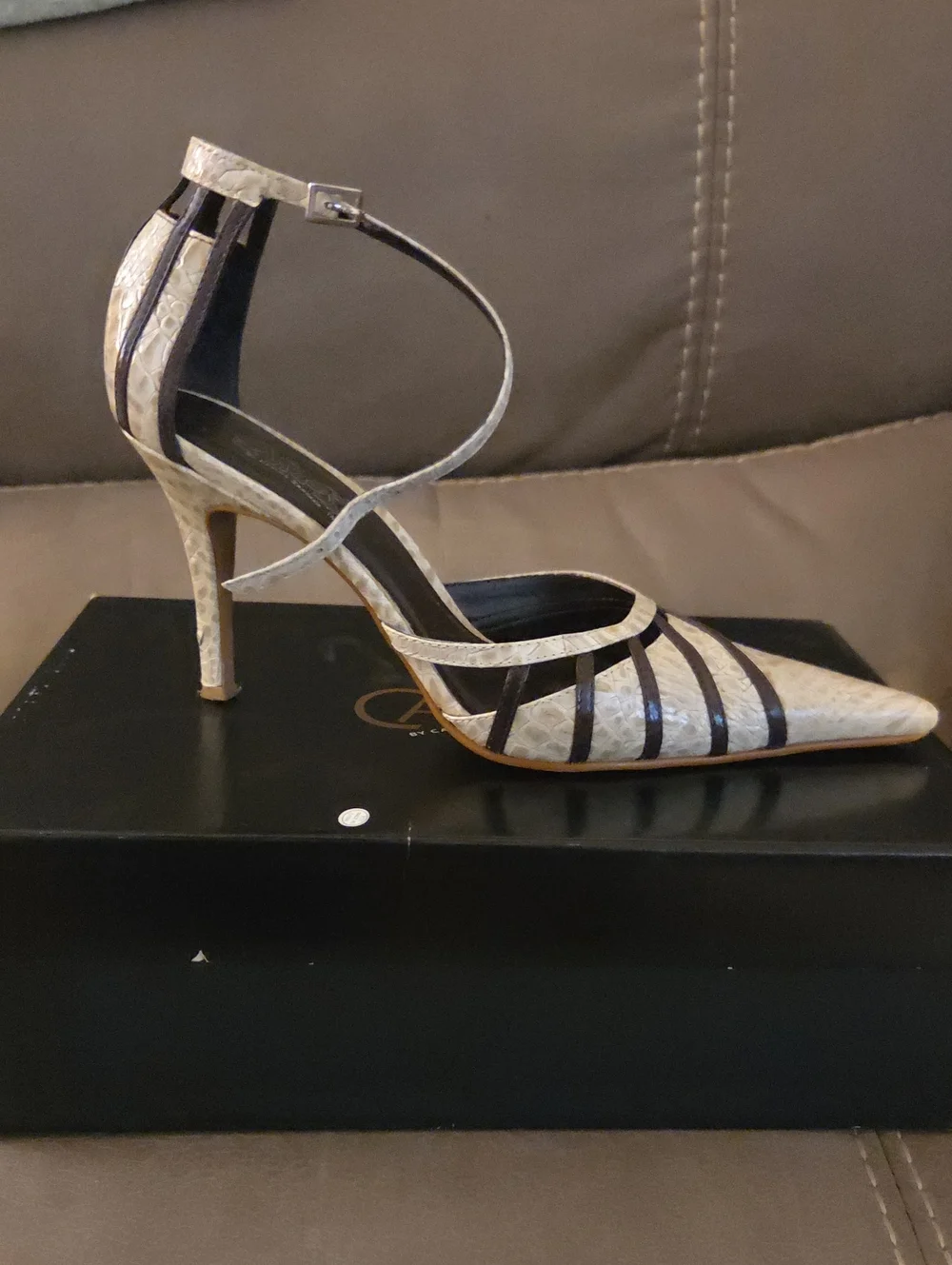 Carlos by Carlos Santana White Pointed Ankle-Strap Pump with Black Trim